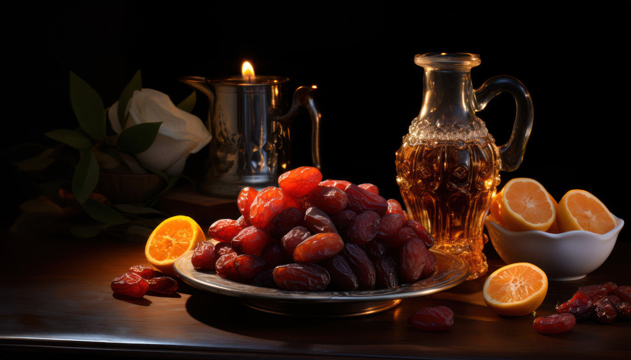 Delicious dates showcased on a black tabletop, ramadan and eid mubarak images
