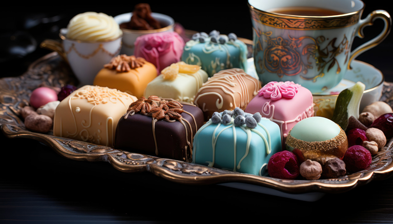 Luxurious golden tray showcasing an assortment of tempting sweets, ramadan and eid mubarak images
