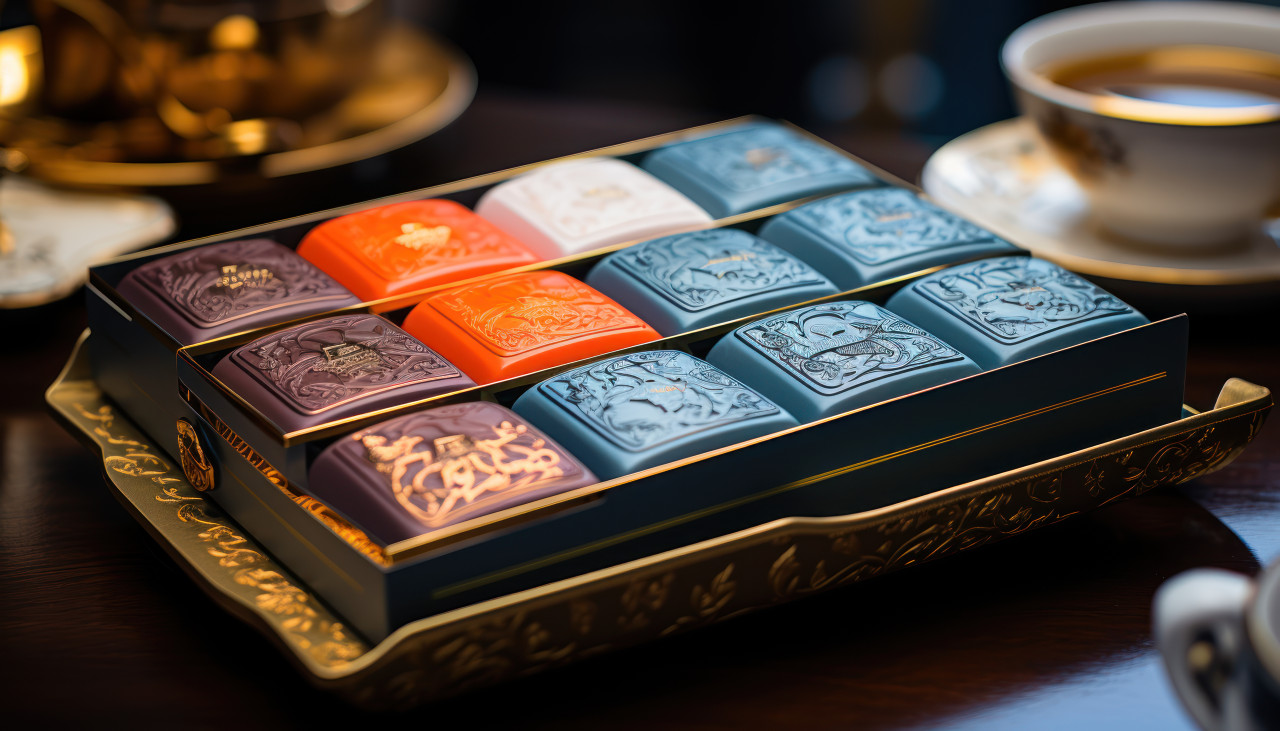 A brass tray filled with a tempting array of beautifully colored chocolates, ramadan and eid mubarak images