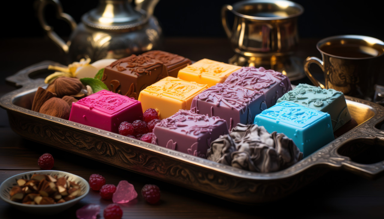 A selection of colorful and delicious chocolates displayed on a silver serving tray, ramadan and eid mubarak images