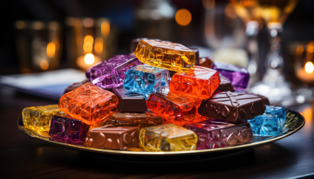 Indulge in a symphony of colors with artfully presented chocolates on a silver platter, ramadan and eid mubarak images