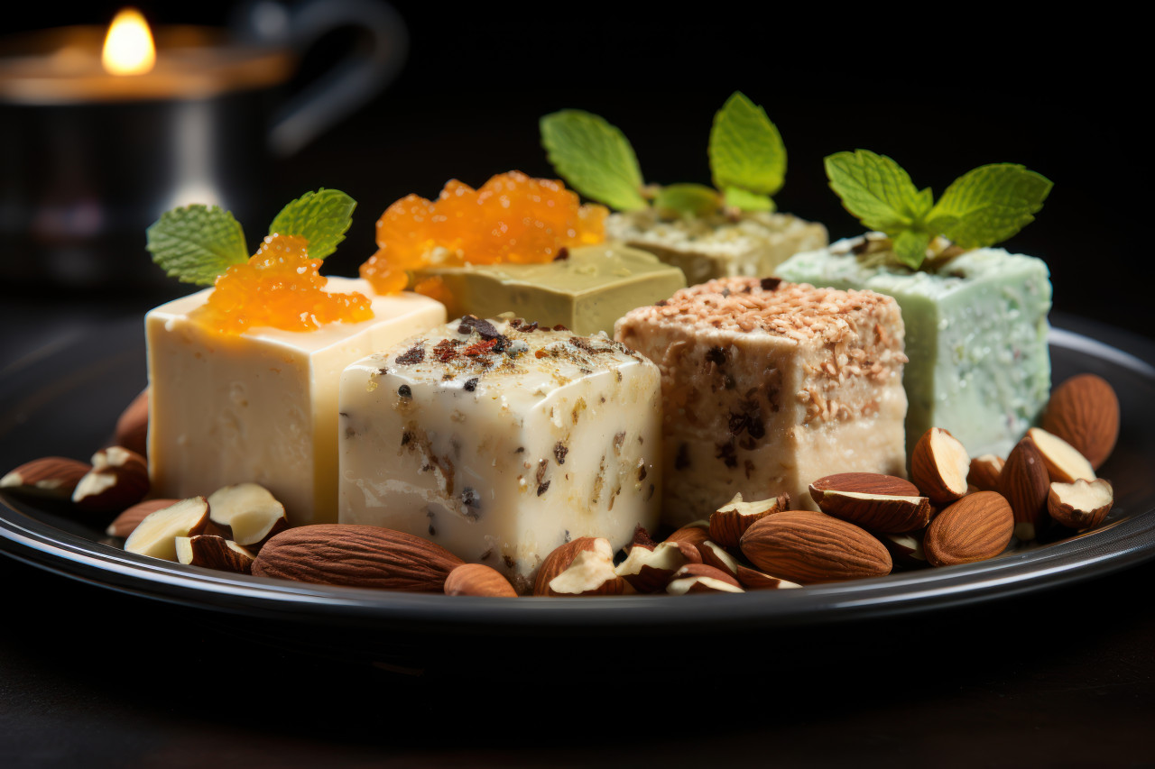 Five unique almond square creations on display, ramadan and eid mubarak images