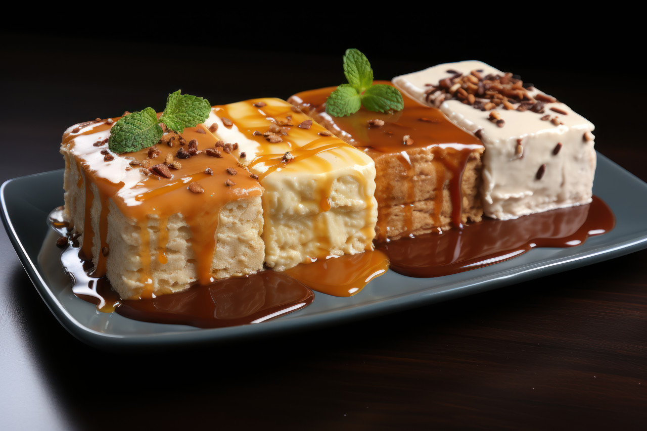 A delectable display of fried goodness with four savory treats on a porcelain plate, ramadan and eid mubarak images