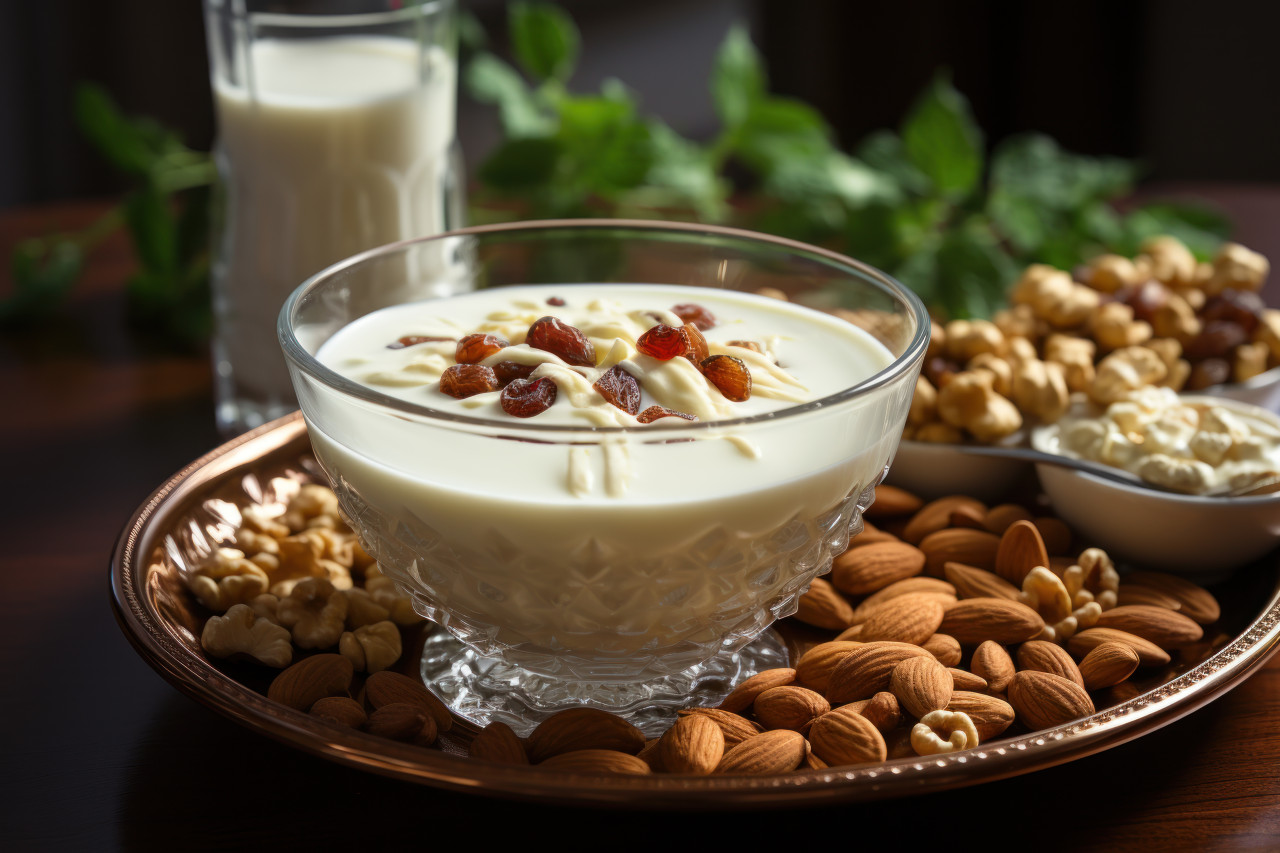 Artfully presented oriental style milk and nut bowl, ramadan and eid mubarak images