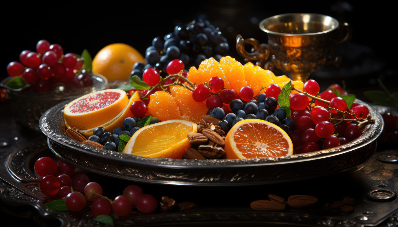 A medley of colorful fruits presented on a platter, ramadan and eid mubarak images