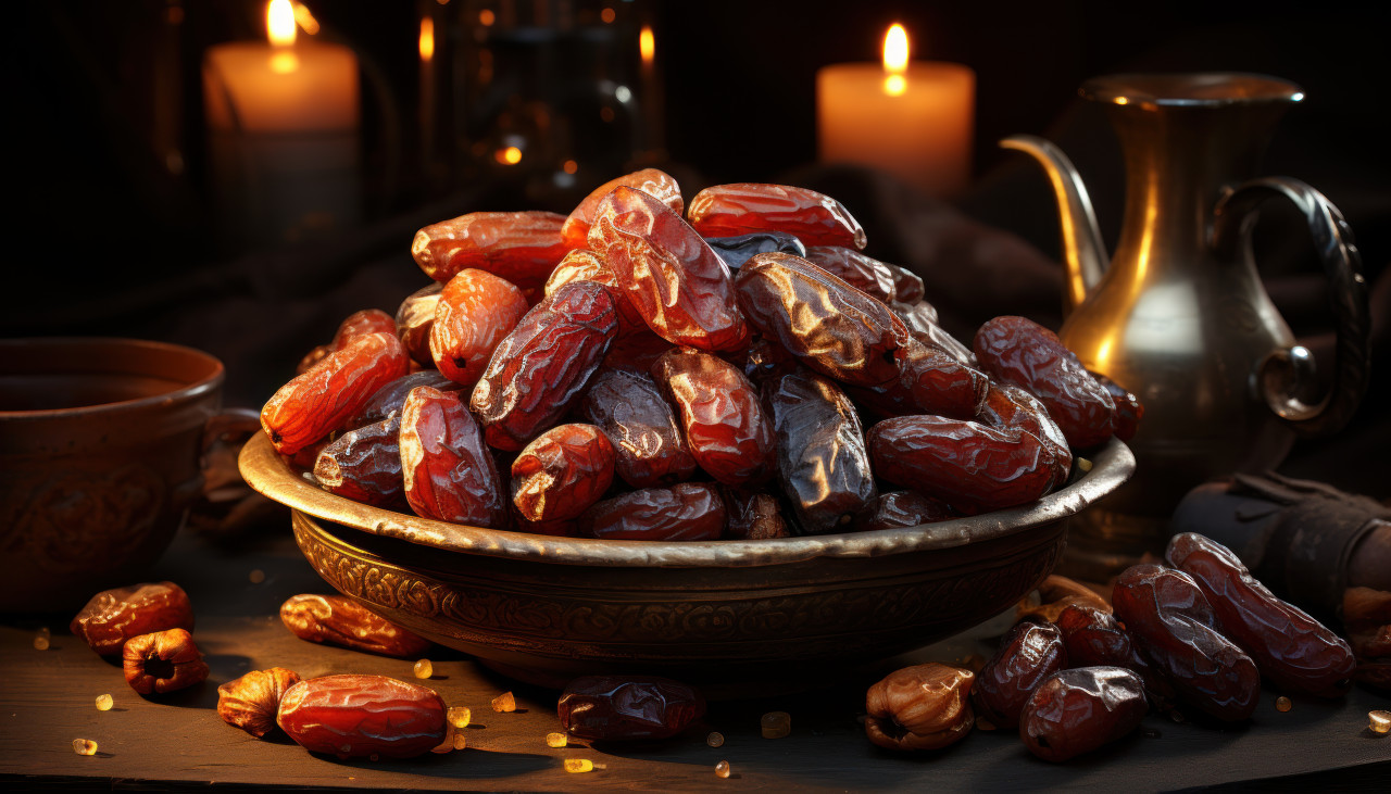 Dried dates presented atop a bowl of golden brown sugar, ramadan and eid mubarak images
