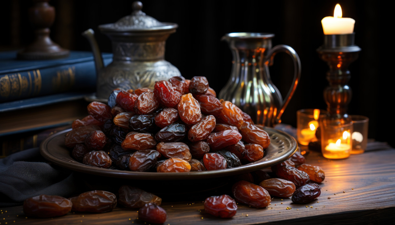 A simple display of dried dates on a classic wooden table, ramadan and eid mubarak images