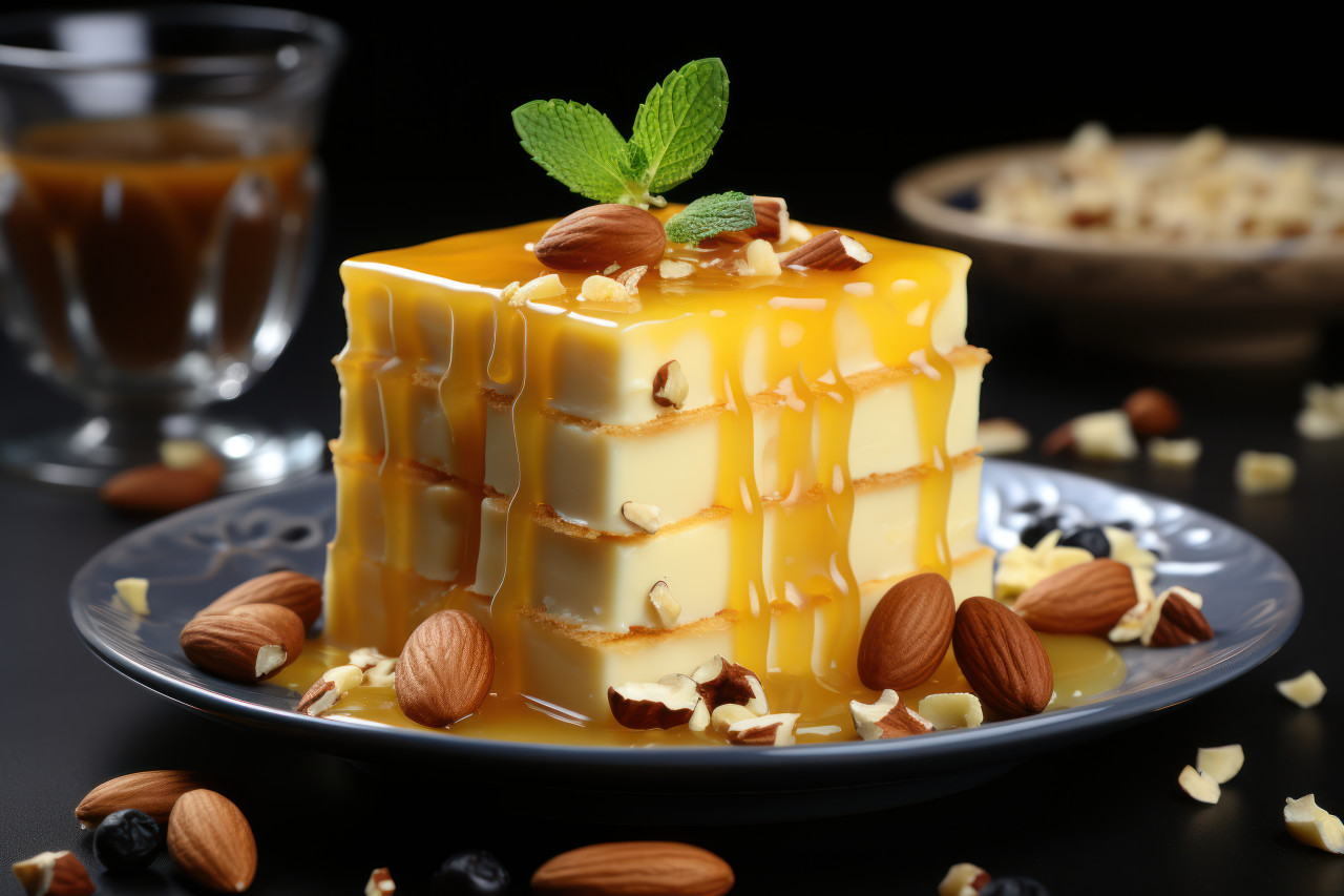A sweet treat featuring a golden dessert crowned with nuts for added flavor, ramadan and eid mubarak images
