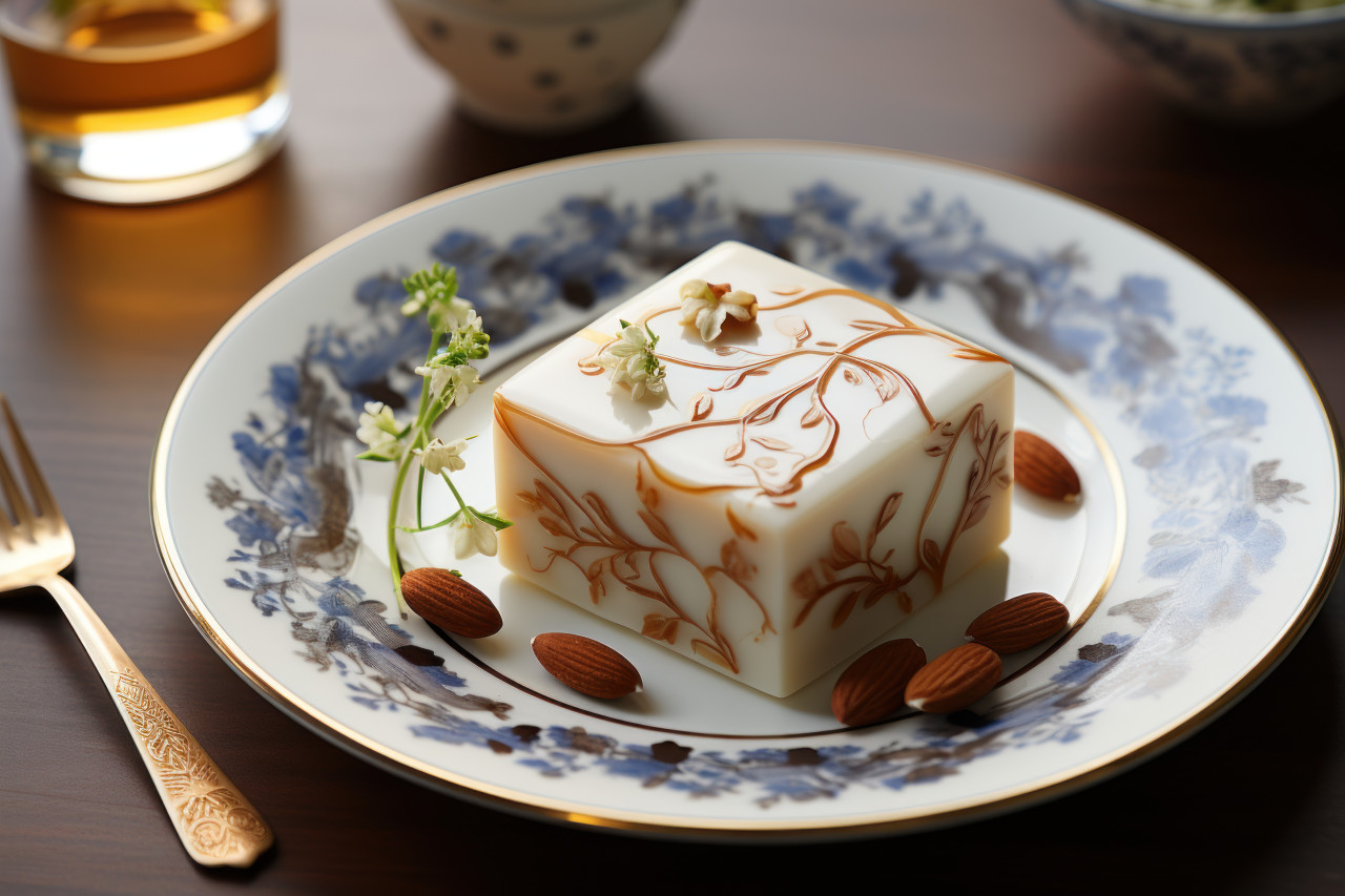 Elegant sweet almond fudge arranged with asian inspired flair on a white tin plate, ramadan and eid mubarak images