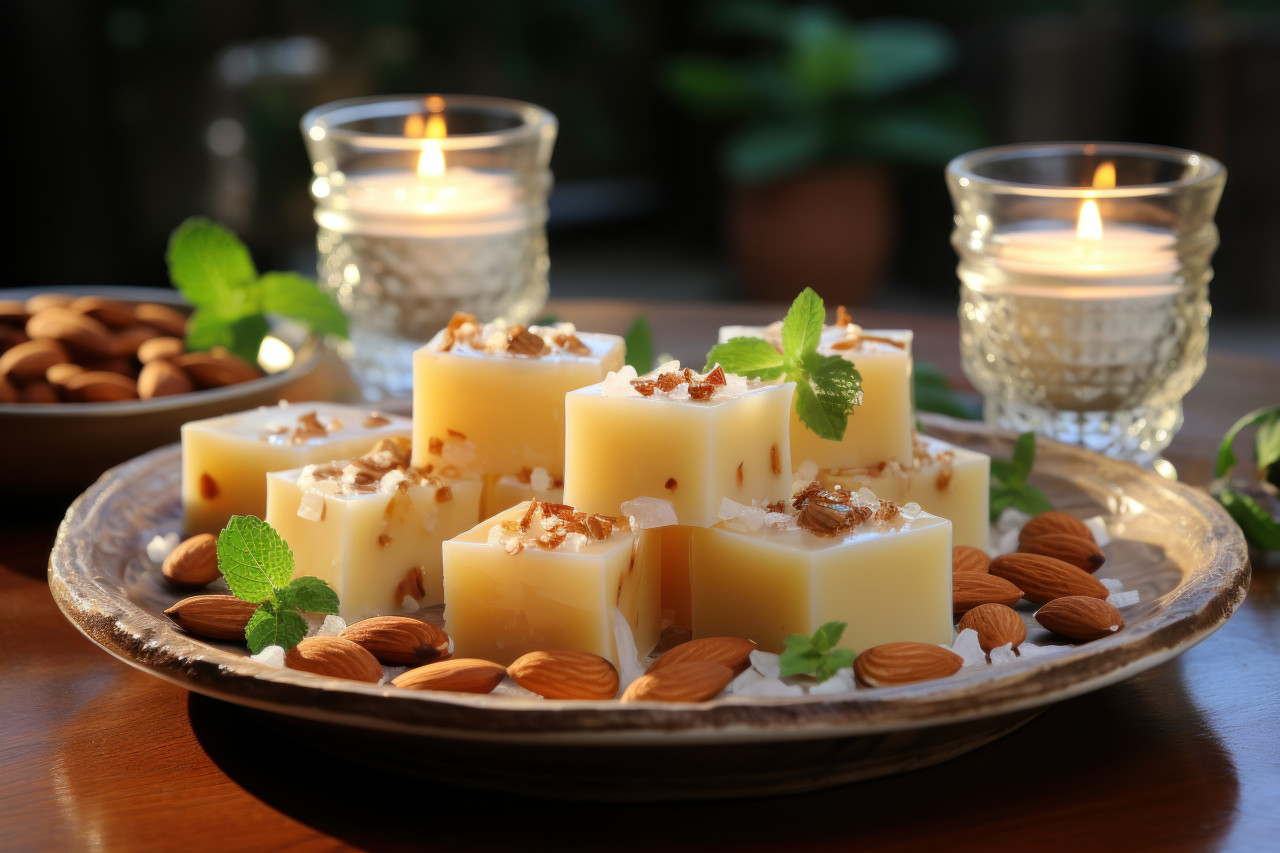 Savor the richness of marasmi and almond in every bite of this fudge, ramadan and eid mubarak images