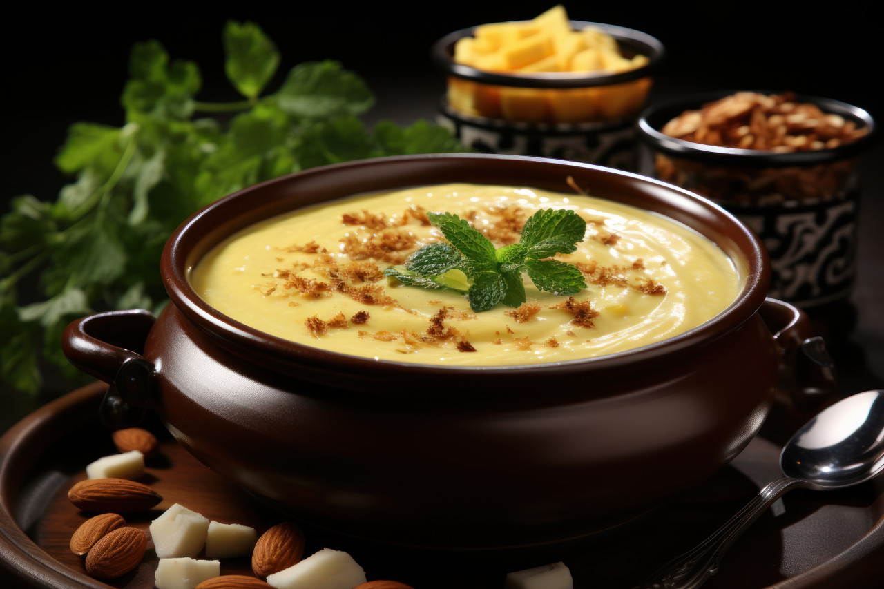Wooden bowl filled with a luscious yellow treat complemented by nuts and almonds, ramadan and eid mubarak images