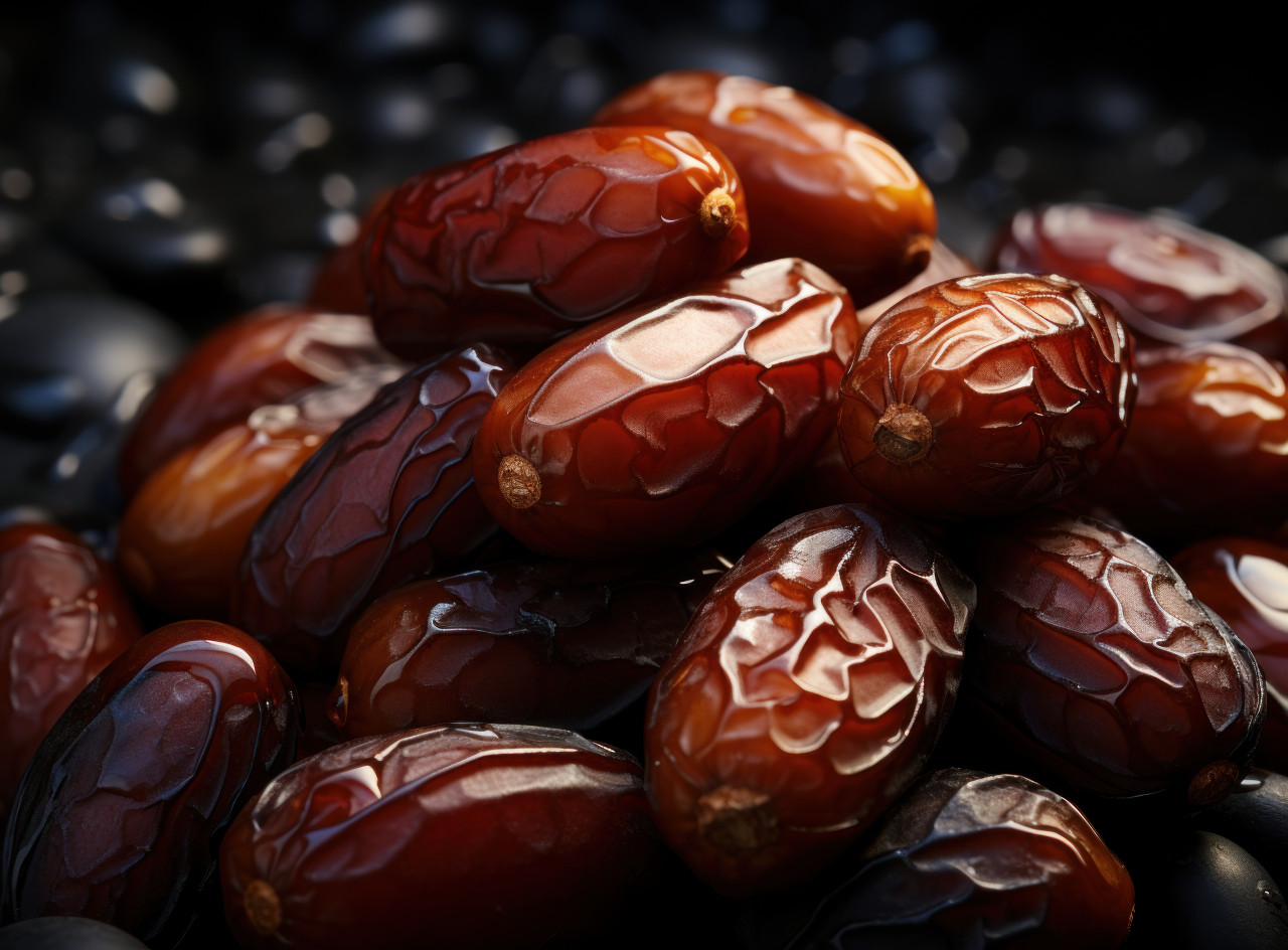 A sinister and dramatic portrayal of dried dates up close, ramadan and eid mubarak images