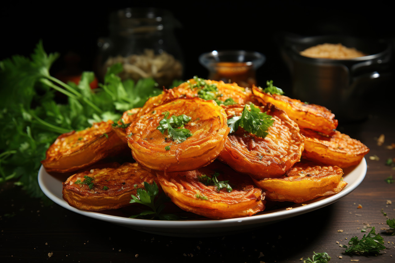 Appetizing onion rings piled high on a platter, ramadan and eid mubarak images