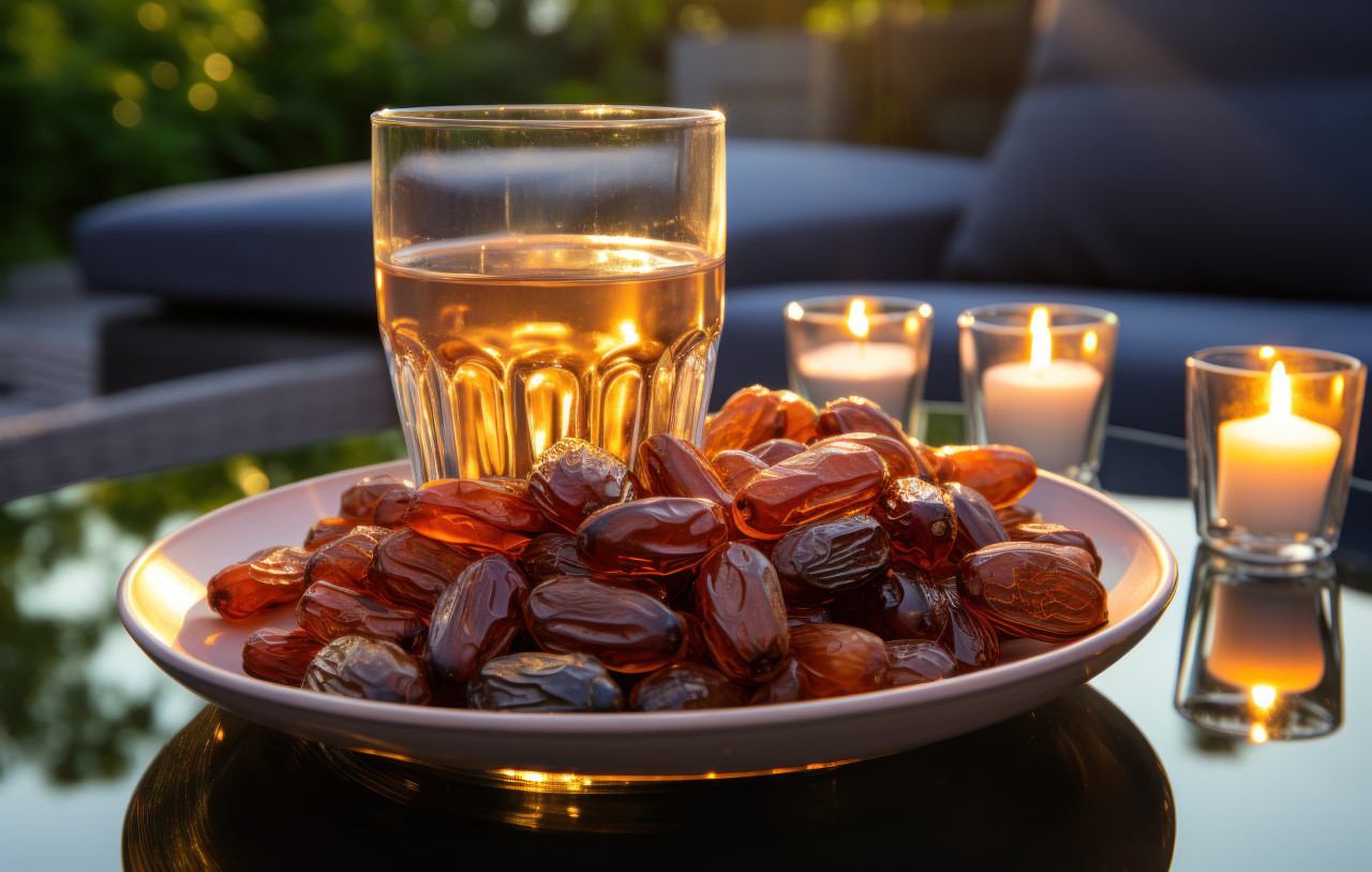 Delicious dates paired with a cool glass of water for a delightful treat, ramadan and eid mubarak images