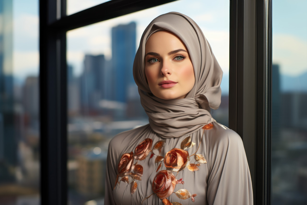 A muslim model radiates style in modern dress with cityscape as a backdrop, ramadan and eid mubarak images