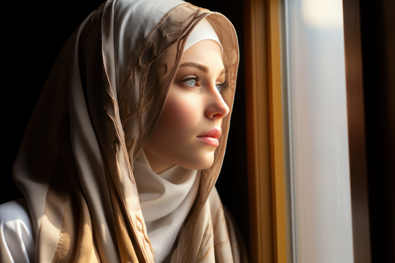 A muslim person engaged in prayer contemplating the outside world, ramadan and eid mubarak images