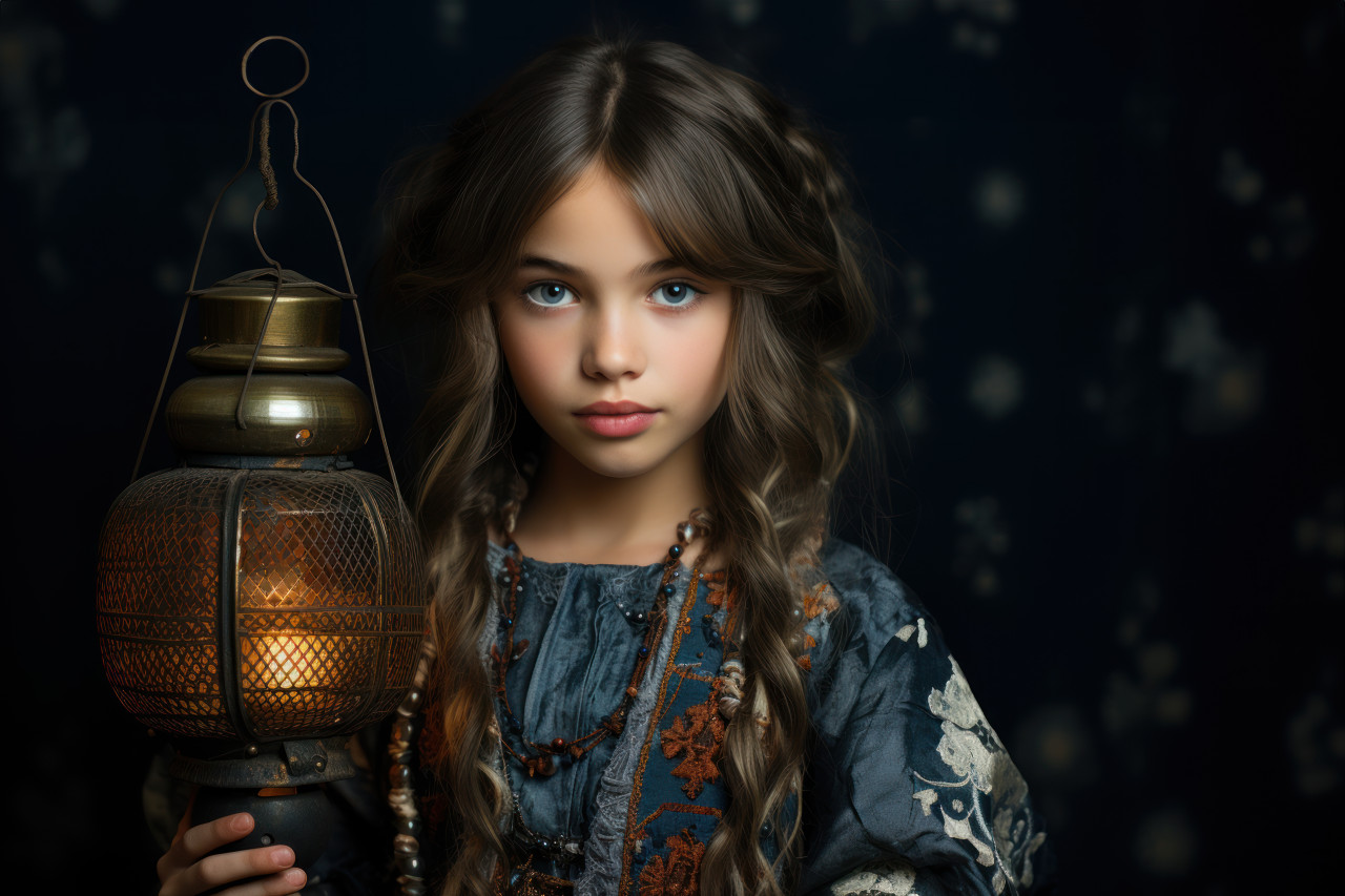 Muslim girl in traditional attire with lantern, ramadan and eid mubarak images