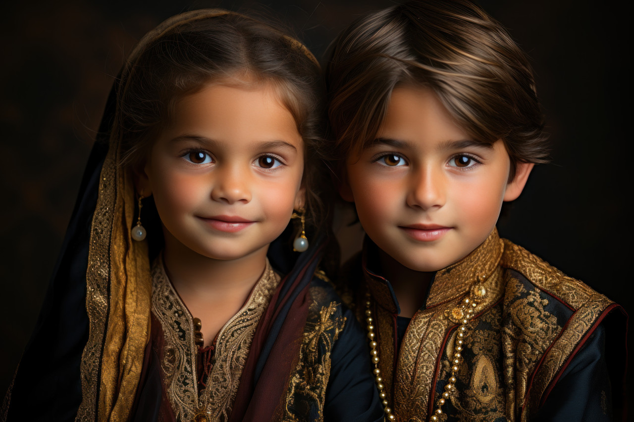 Siblings sharing a heartfelt moment in traditional attire, ramadan and eid mubarak images
