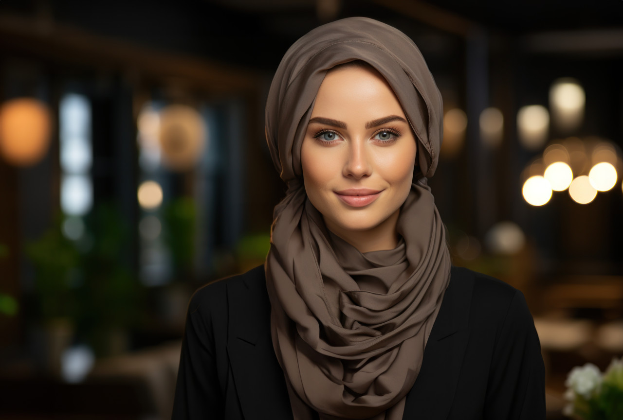 A dedicated muslim woman working with determination in her office wearing a black hijab, ramadan and eid mubarak images