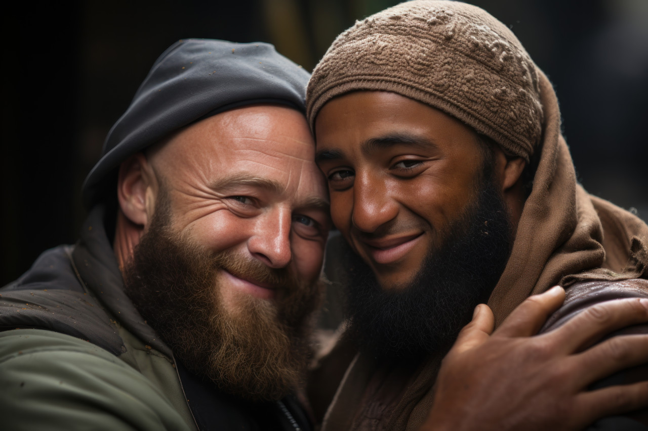 A happycore embrace between two muslim friends radiates warmth and unity, ramadan and eid mubarak images