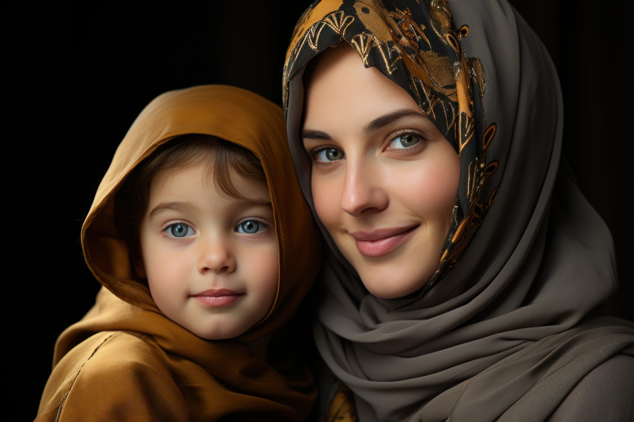 A woman in a headscarf shares a delightful smile with her child, ramadan and eid mubarak images