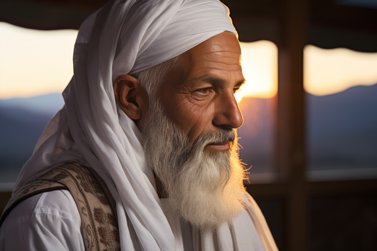 Muslim sheikh in contemplative pose against the backdrop of a setting sun, ramadan and eid mubarak images