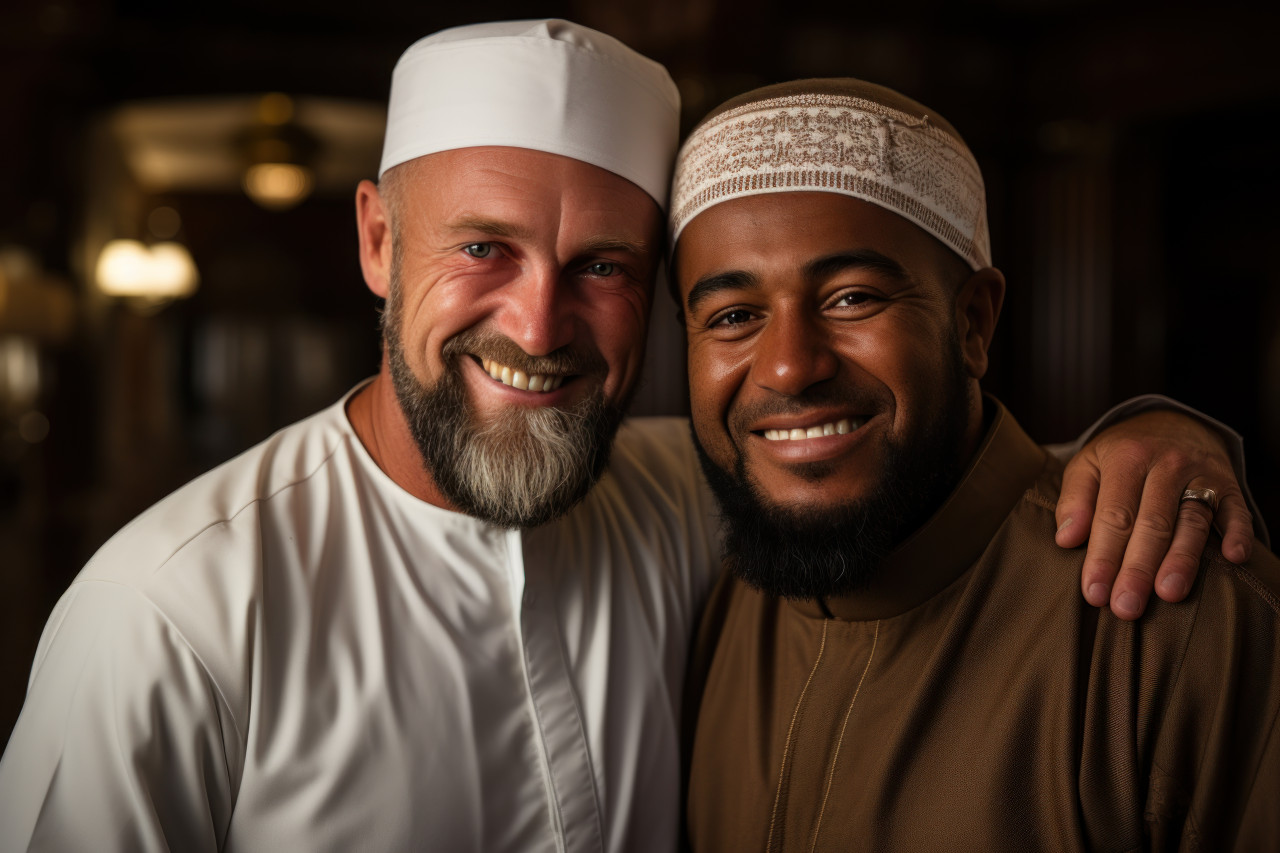 Two muslim men hug each other dressed in white, ramadan and eid mubarak images