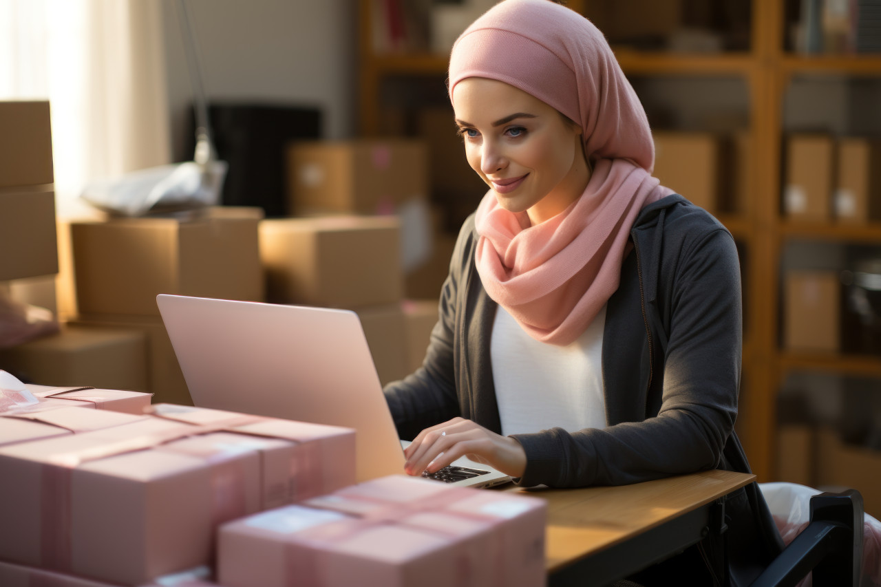 Serene woman in hijab sits with laptop carefully assessing her boxed belongings, ramadan and eid mubarak images