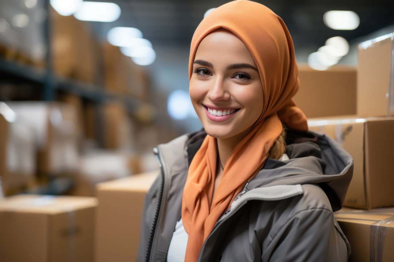 Young woman in a headscarf working on a laptop in an industrial space, ramadan and eid mubarak images