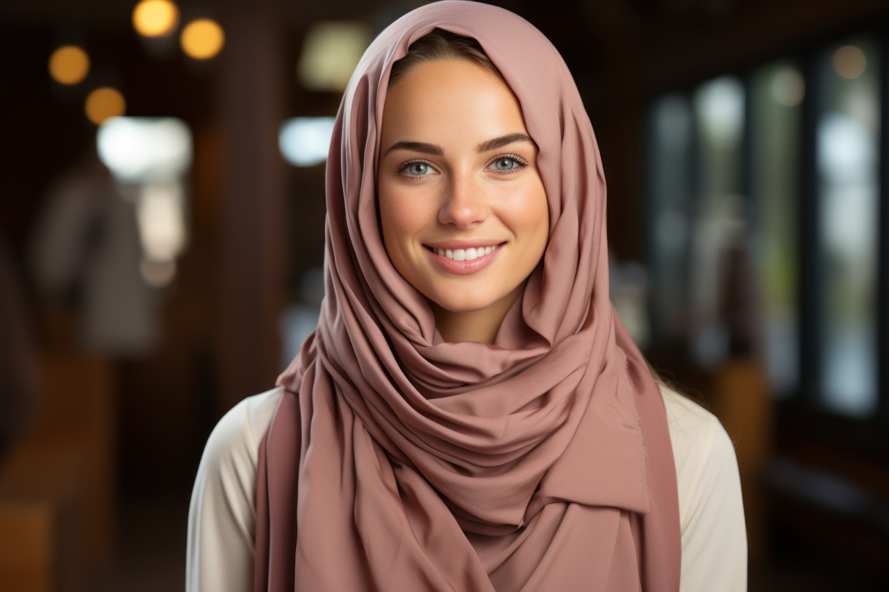 A woman wearing a brown scarf grins with genuine delight, ramadan and eid mubarak images