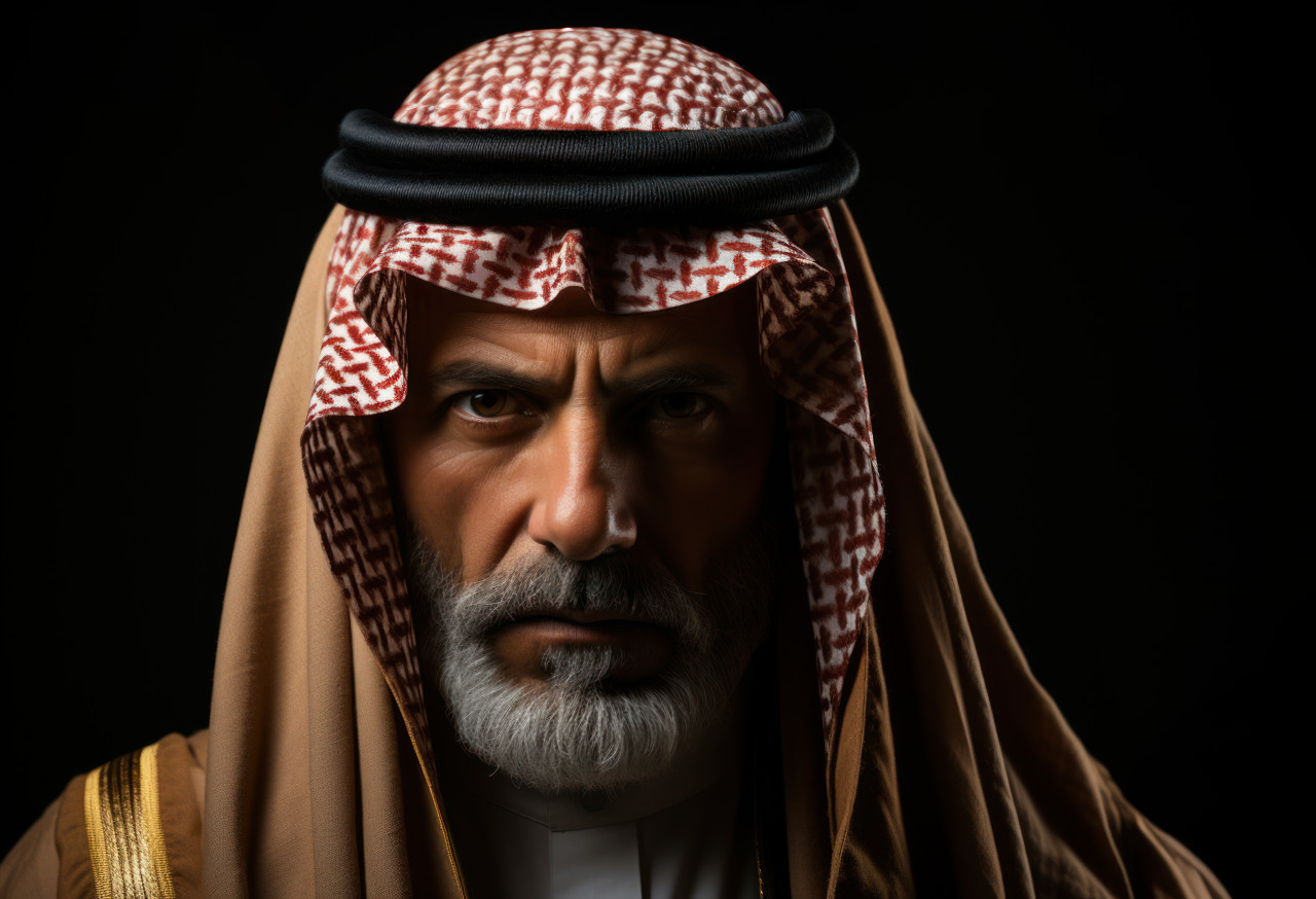 Determined saudi individual faces the unknown against a black backdrop, ramadan and eid mubarak images