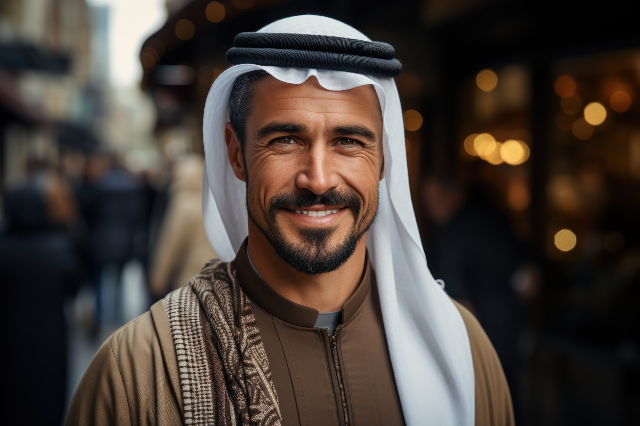 Outdoor portrait of a man in classic arab dress exuding cultural pride, ramadan and eid mubarak images