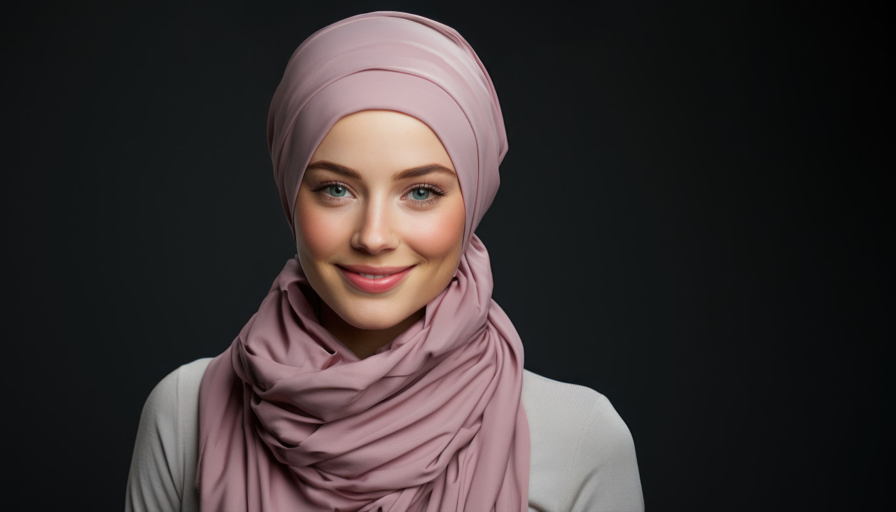 Serene muslim woman with a warm smile against a solid gray background, ramadan and eid mubarak images
