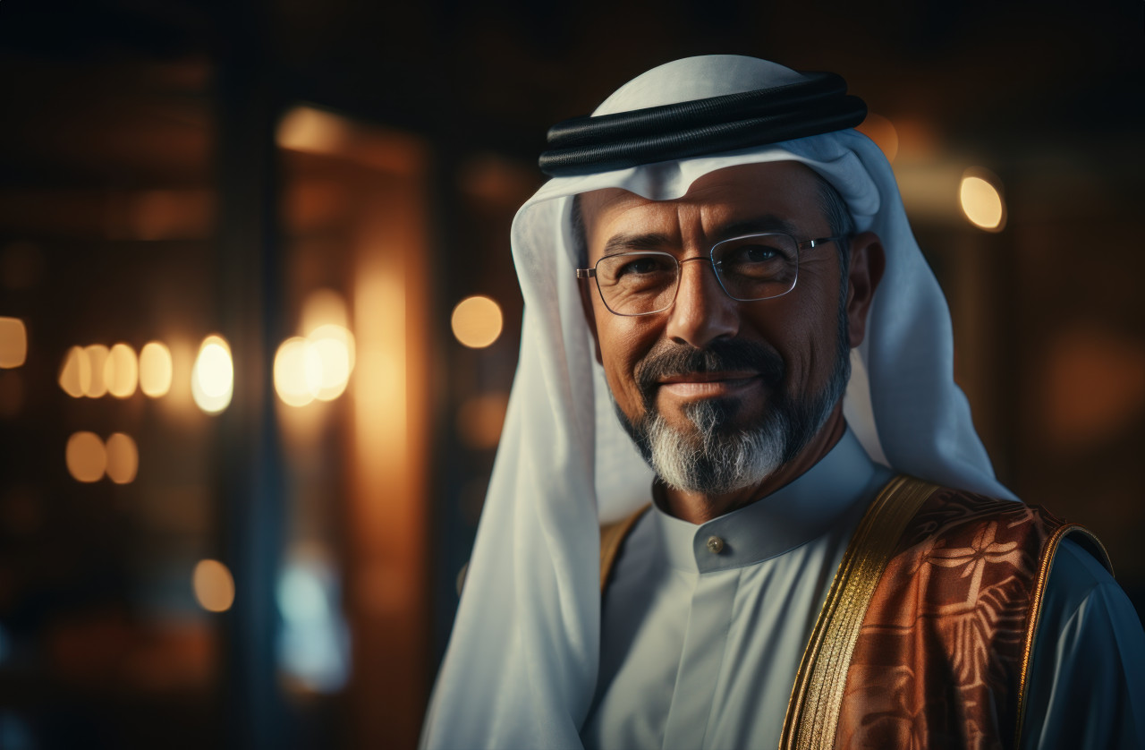 Professional arab executive utilizing technology working on a tablet in the workplace, ramadan and eid mubarak images