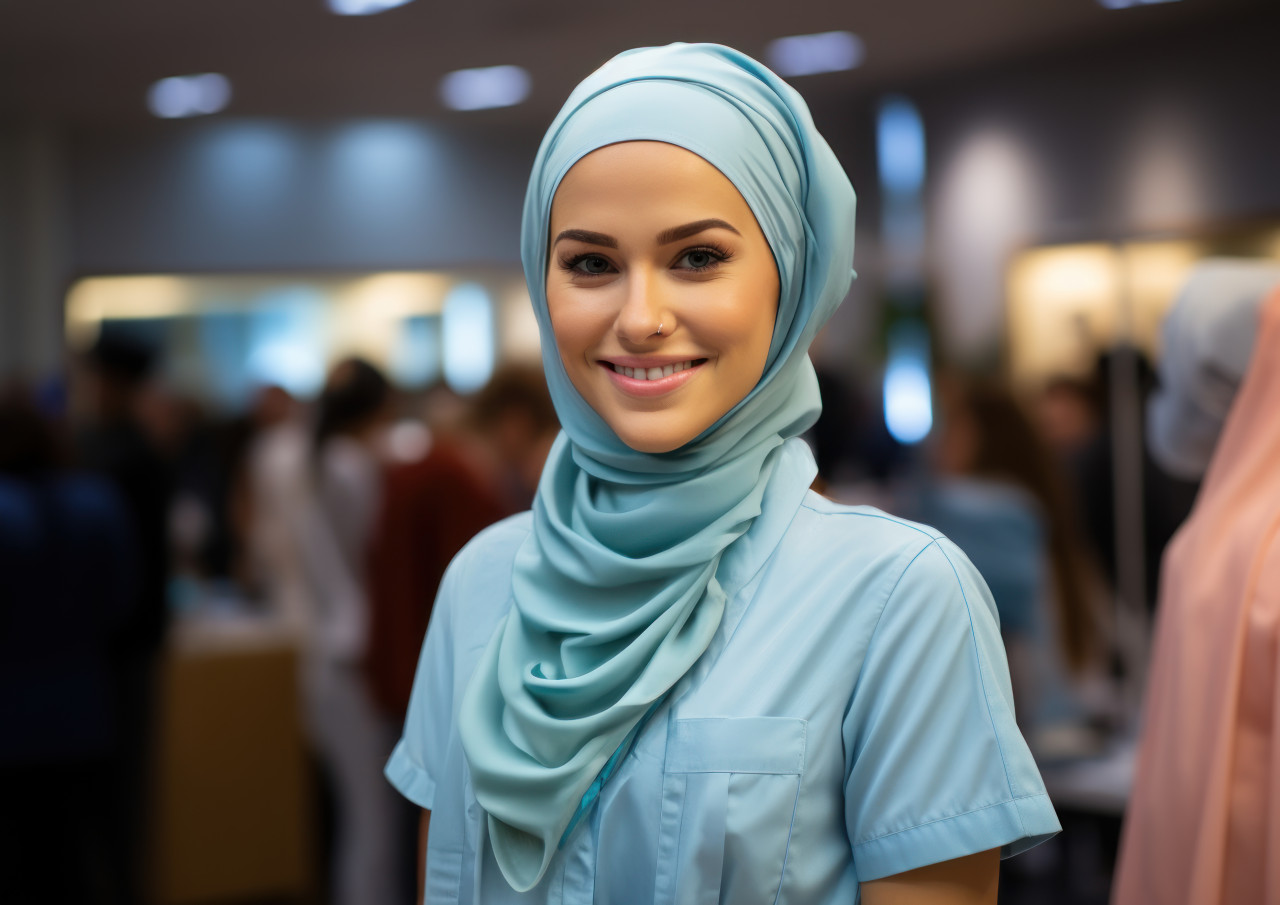Compassionate muslim nurse smiles brightly arms crossed in pride, ramadan and eid mubarak images