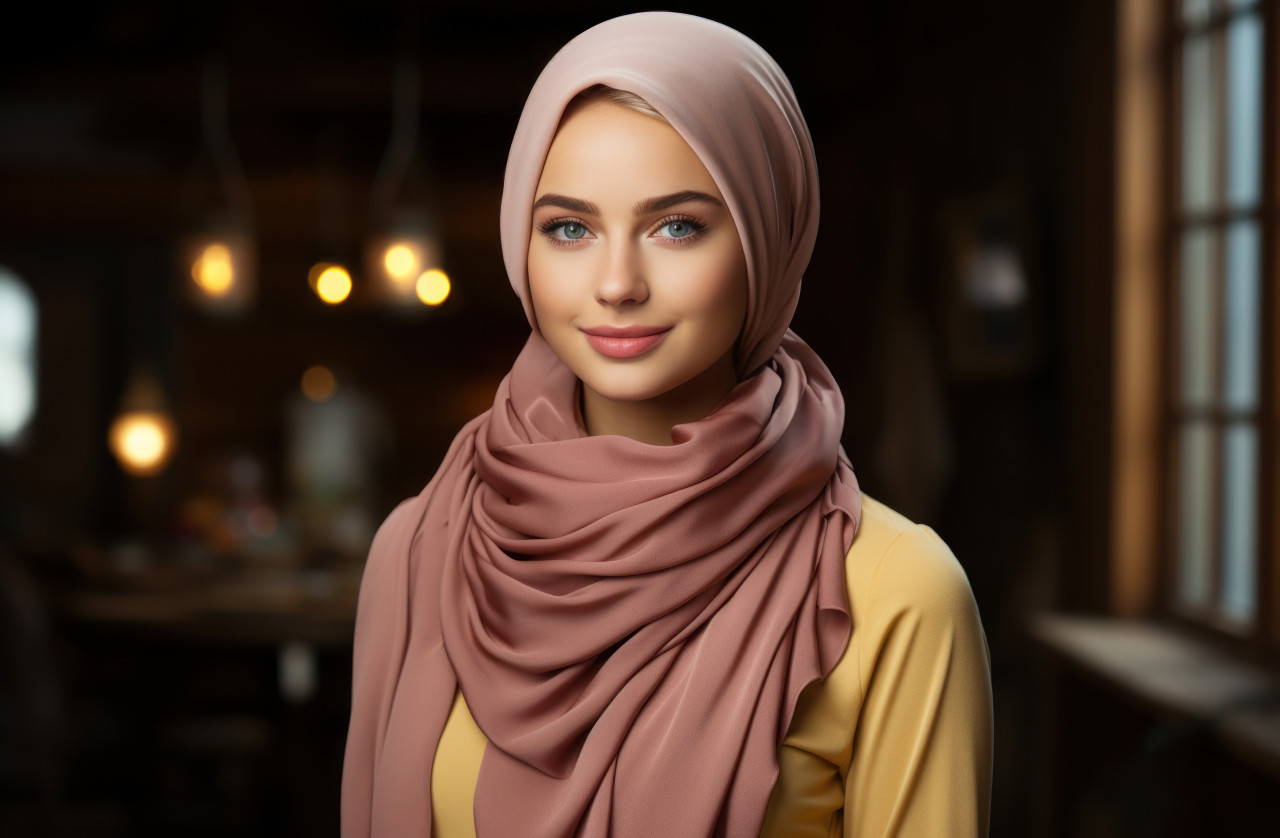 Trendsetting lady showcases elegance in a pink hawa featuring vibrant yellow and gold hues, ramadan and eid mubarak images