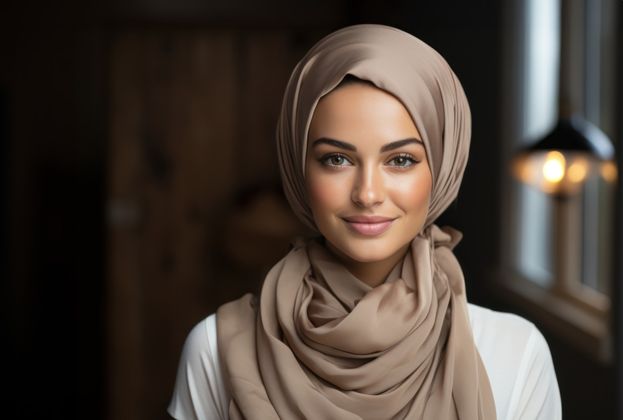 Joyful young muslim woman in beige hijab captured against a neutral white setting, ramadan and eid mubarak images