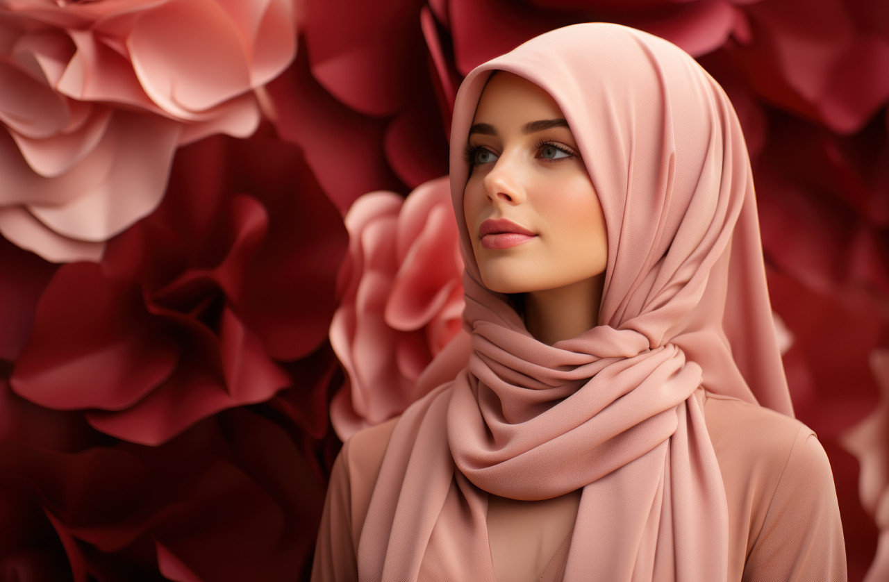 A muslim woman donning a vibrant hijab in a captivating portrait, ramadan and eid mubarak images