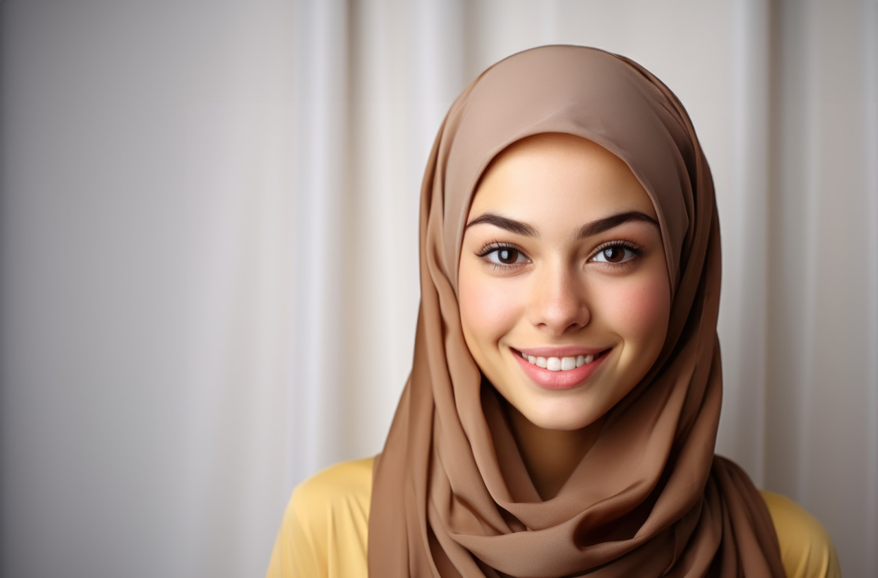 Happy hawaiian woman wearing a hijab smiles brightly in a clean white setting, ramadan and eid mubarak images