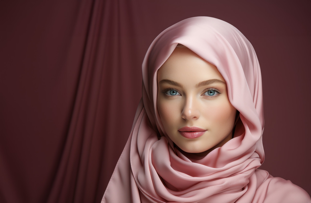 A young woman wearing a pink hijab in a minimalist setting, ramadan and eid mubarak images