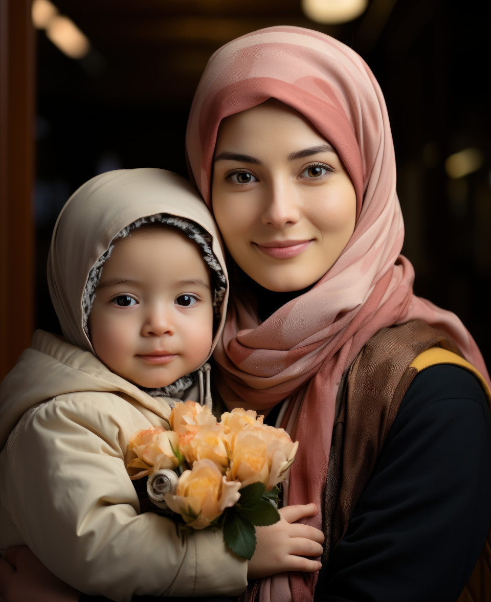Heartwarming scene of a mother with pink hijab cuddling her adorable baby boy with white hair, ramadan and eid mubarak images