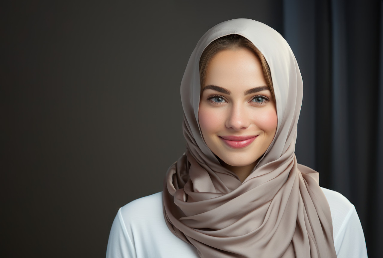 Joyful muslim woman in hijab showcasing confidence and happiness on a plain white background, ramadan and eid mubarak images