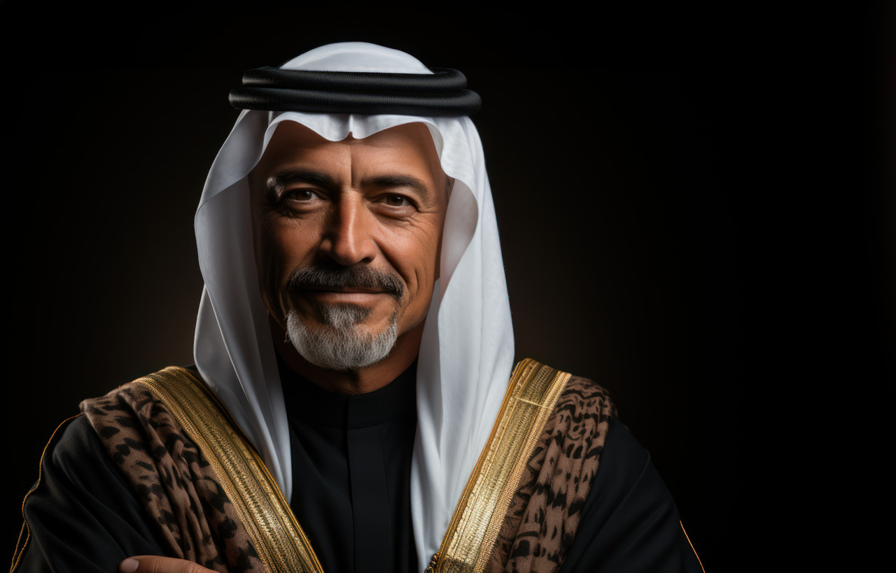 A man in sacred attire folds his arms in a composed pose, ramadan and eid mubarak images