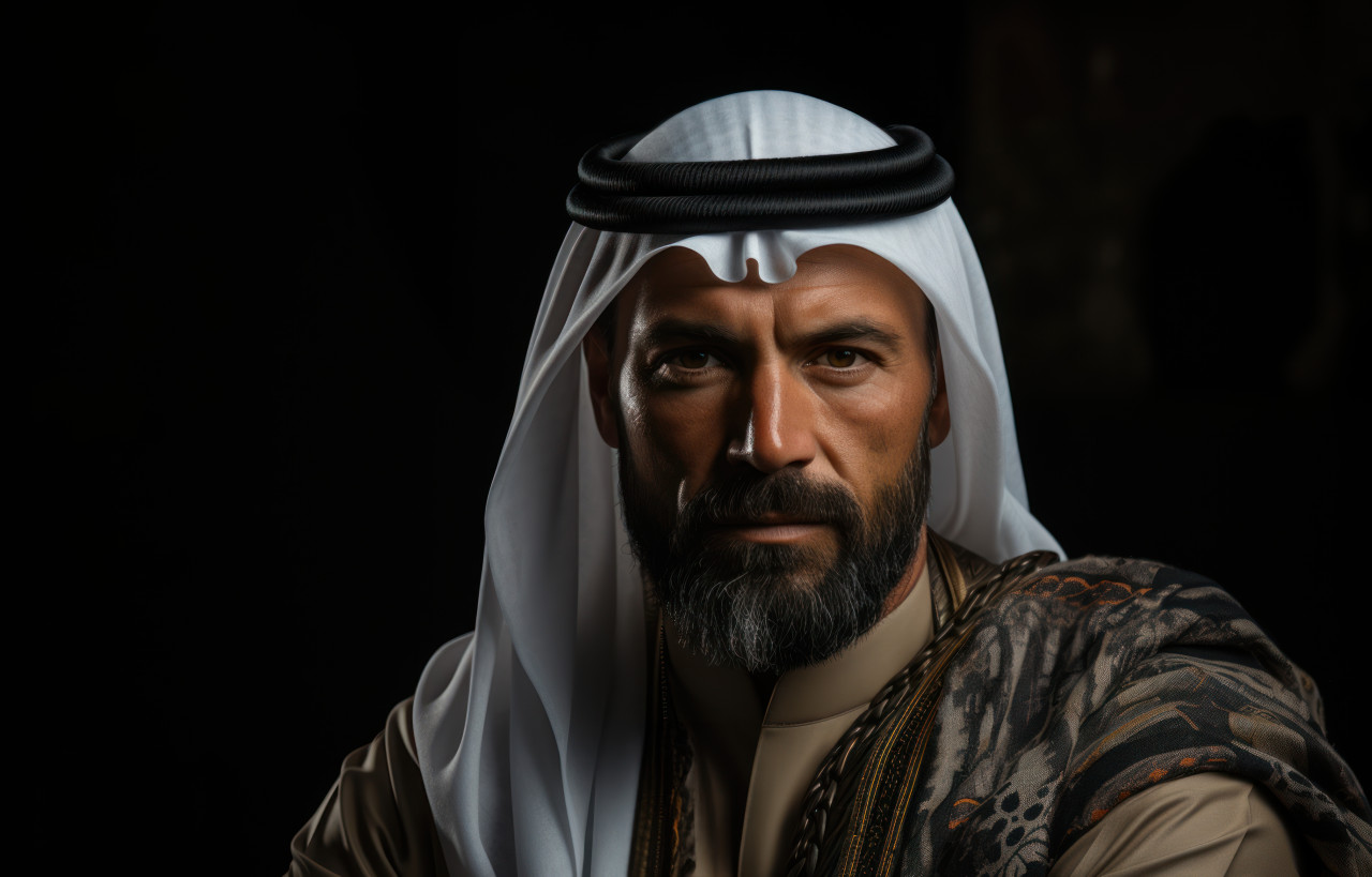 A poised and determined arab businessman against a clean gray surface, ramadan and eid mubarak images