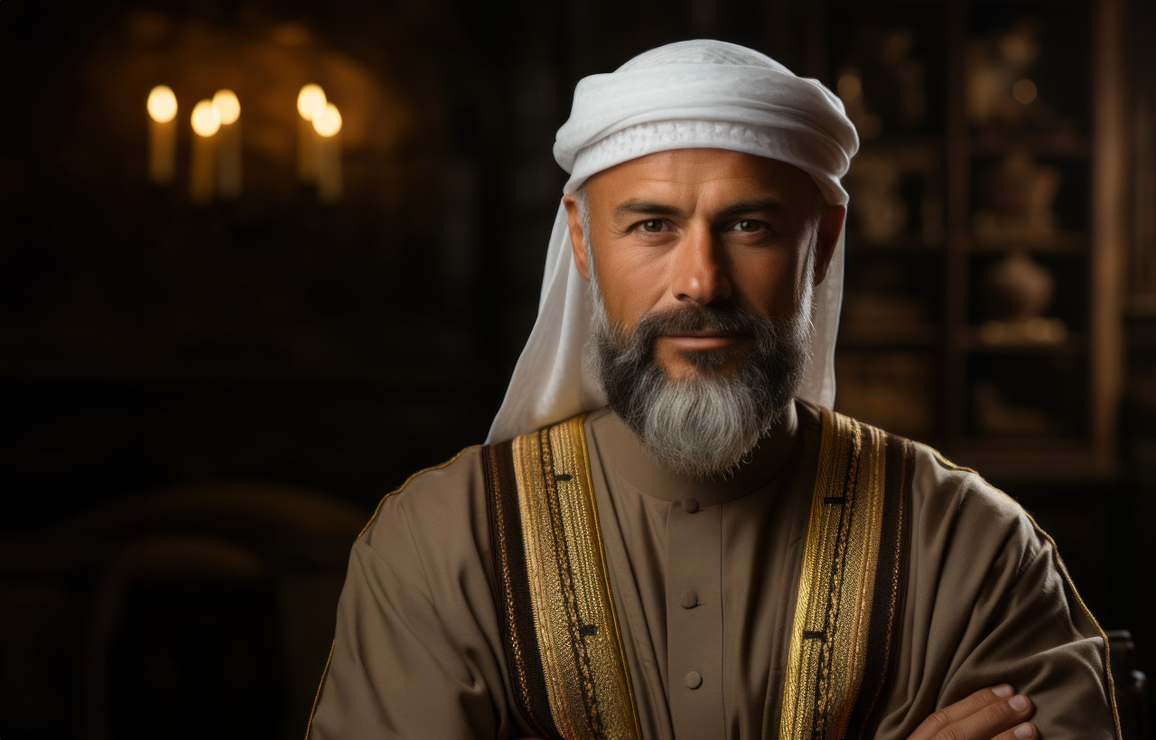 Pious man dons religious attire striking a contemplative pose with folded arms, ramadan and eid mubarak images