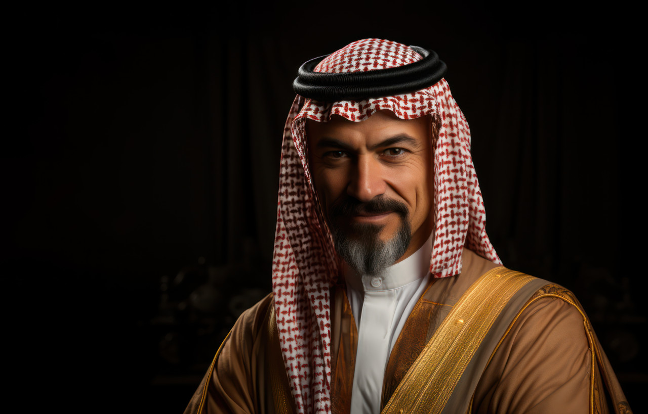 A man showcases traditional arabic fashion with folded arm, ramadan and eid mubarak images