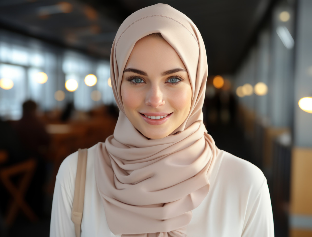 Hijabi young woman looking to camera in islamic hijab, ramadan and eid mubarak images