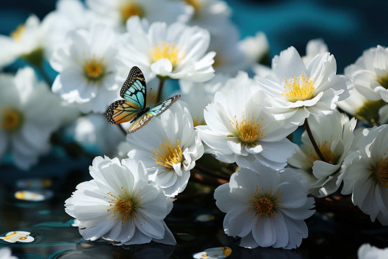Delicate white daisy and butterfly elegance in the meadow, relaxing summer scene