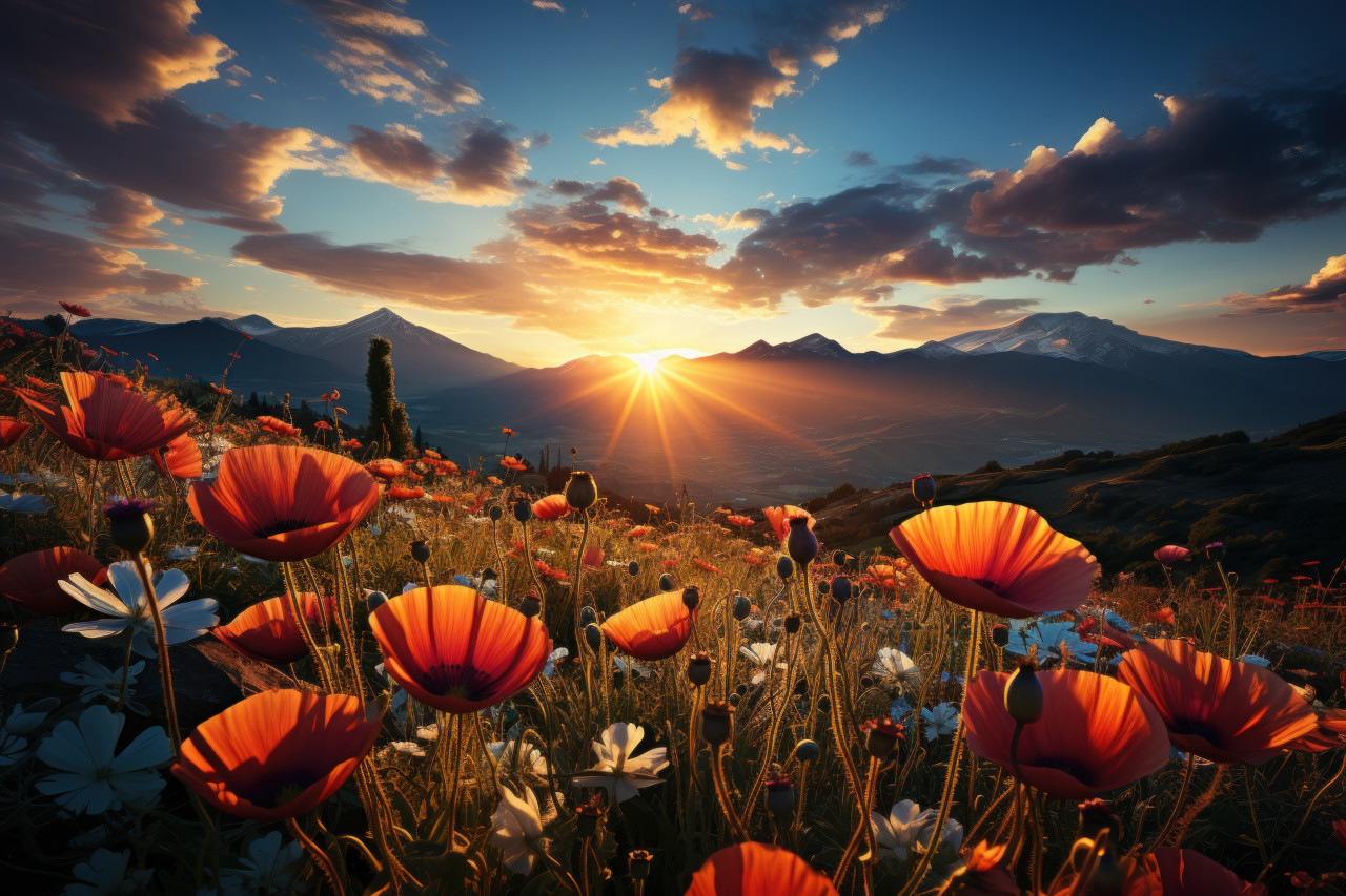 Sunset scene with poppies and sunflowers in the meadow, summer landscape image