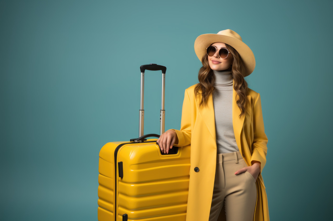 Woman tourist showcasing suitcase in a blue background, best summer image